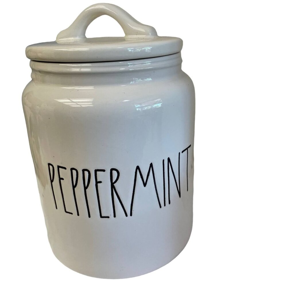RAE Dunn PEPPERMINT White Red Ceramic Christmas Cookie Jar Canister 9" x 5"